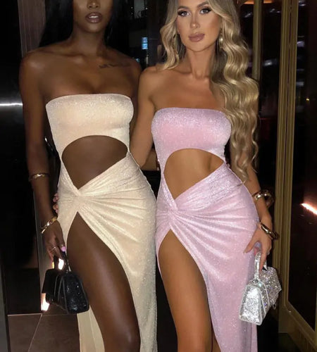 Mozision Sexy Strapless High Split Maxi Dress